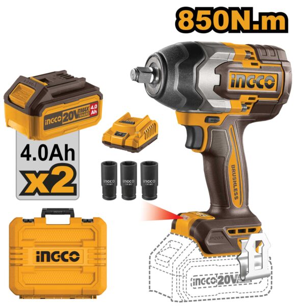 20V 1/2" 850Nm Akku-Schlagschrauber mit 2x 4.0Ah Akkus Ingco