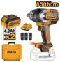 Ingco 20V 1/2" 850Nm Impact Wrench with 2 4.0Ah Batteries
