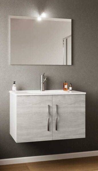 Hängender Badezimmerschrank 81x46 cm mit Spiegel und Spotlicht Eiche Grau