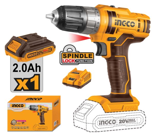 Trapano a batteria 20V, 45 Nm, con batteria 2.0Ah e caricatore