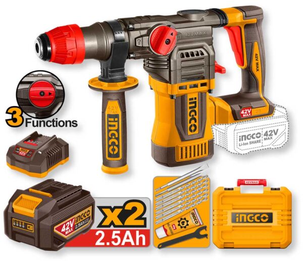 Akku-Bohrhammer/Meißelhammer 42V SDS Plus 4,5J - 2 Batterien 2.5Ah