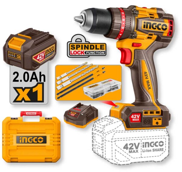 Trapano a Percussione 42V 69Nm con Batteria 2.0Ah, Caricabatterie e Valigetta