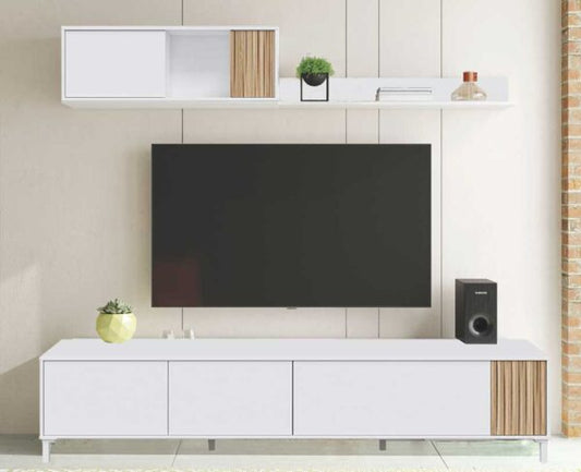Ethna 200 cm TV Stand – Base Unit and Wall Unit, Artik White and Natural