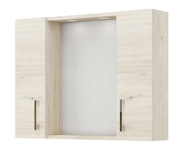 Specchiera Contenitore Bagno LED 77x17x60cm Rovere Ghiaccio - 2 Ante 2 Faretti