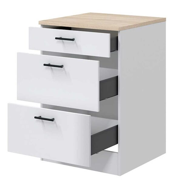 Mobile Base 60x60x90h Kira 3 Cassetti MDF Bianco/Rovere – Cucina e Casa