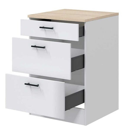 Mobile Base 60x60x90h Kira 3 Cassetti MDF Bianco/Rovere – Cucina e Casa