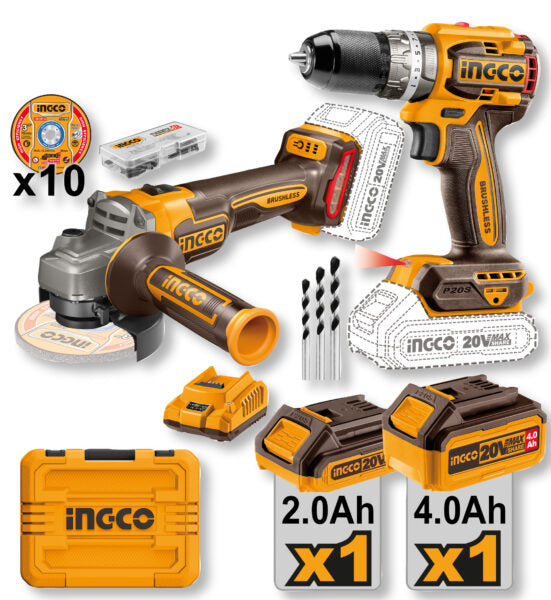 Set trapano + smerigliatrice 20V – 2 batterie, brushless, valigetta