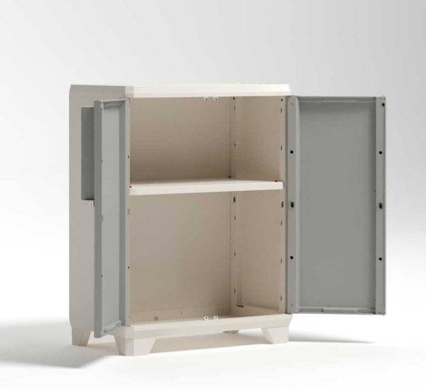 Niedriger Schrank Linear Wood 68x39x90h aus Kunststoff, Einlegeböden 15 kg, sicherer Verschluss