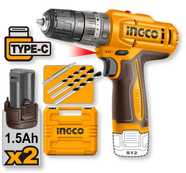 12V Schlagbohrmaschine mit 2 x 1.5Ah Akkus und Ingco Koffer