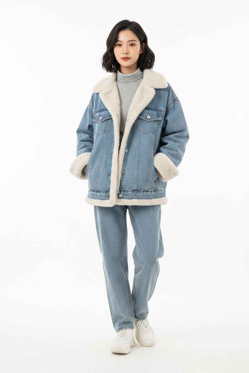 Giacca Donna in Lana d’Agnello Blu Effetto Jeans Doppiopetto Elegante SLIM FIT reversibile