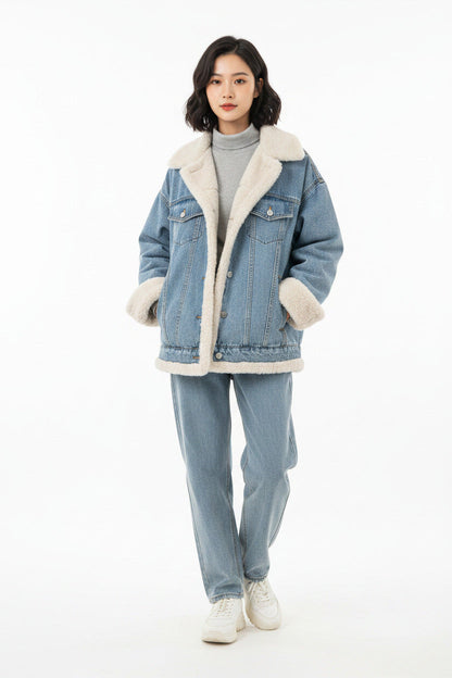 Giacca Donna in Lana d’Agnello Blu Effetto Jeans Doppiopetto Elegante SLIM FIT reversibile