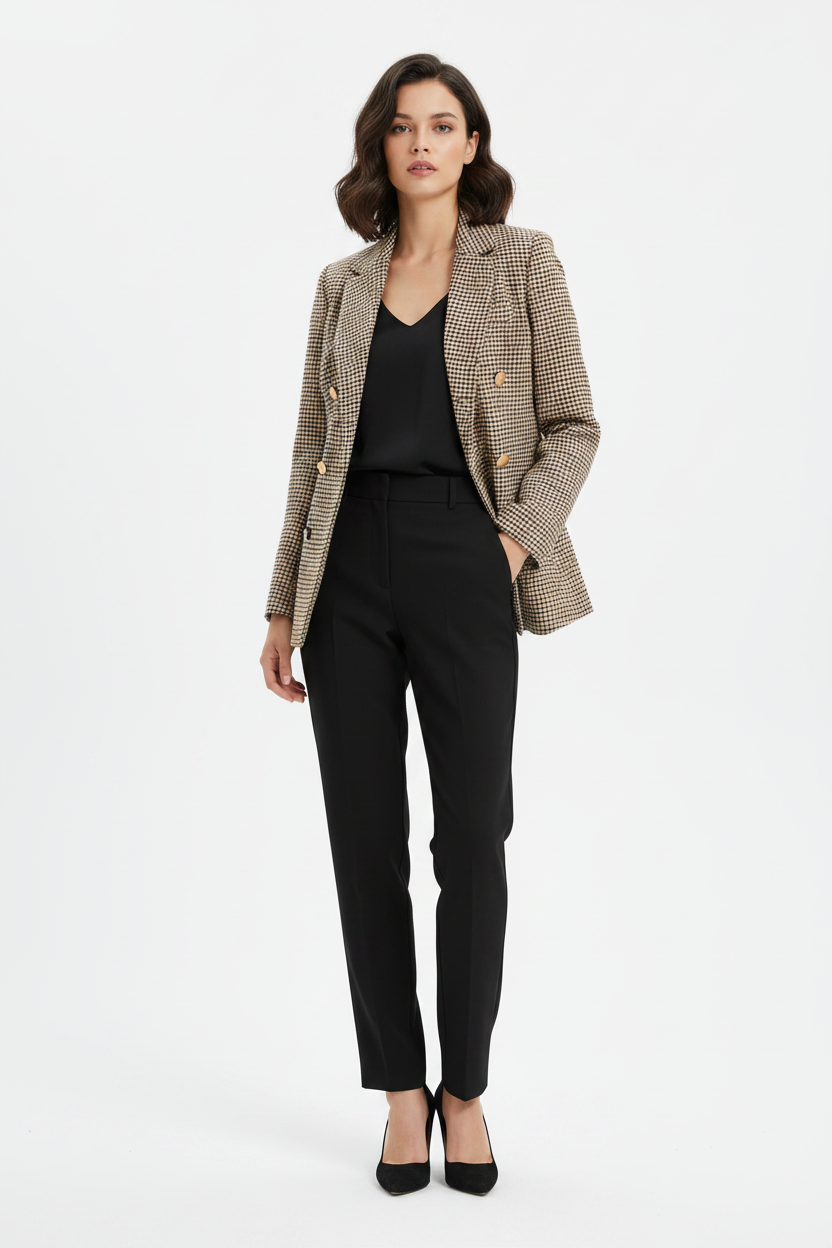 Giacca Donna Oversize Elegante a Quadretti con Sei Bottoni