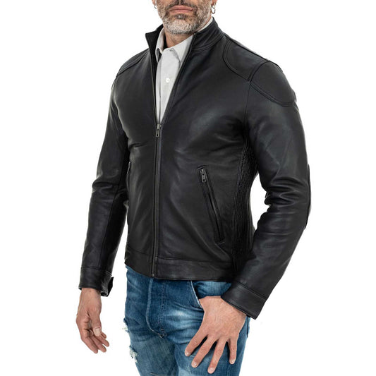 Men's Slim Fit Black Genuine Leather Biker Jacket Rindway Shoulder Details
