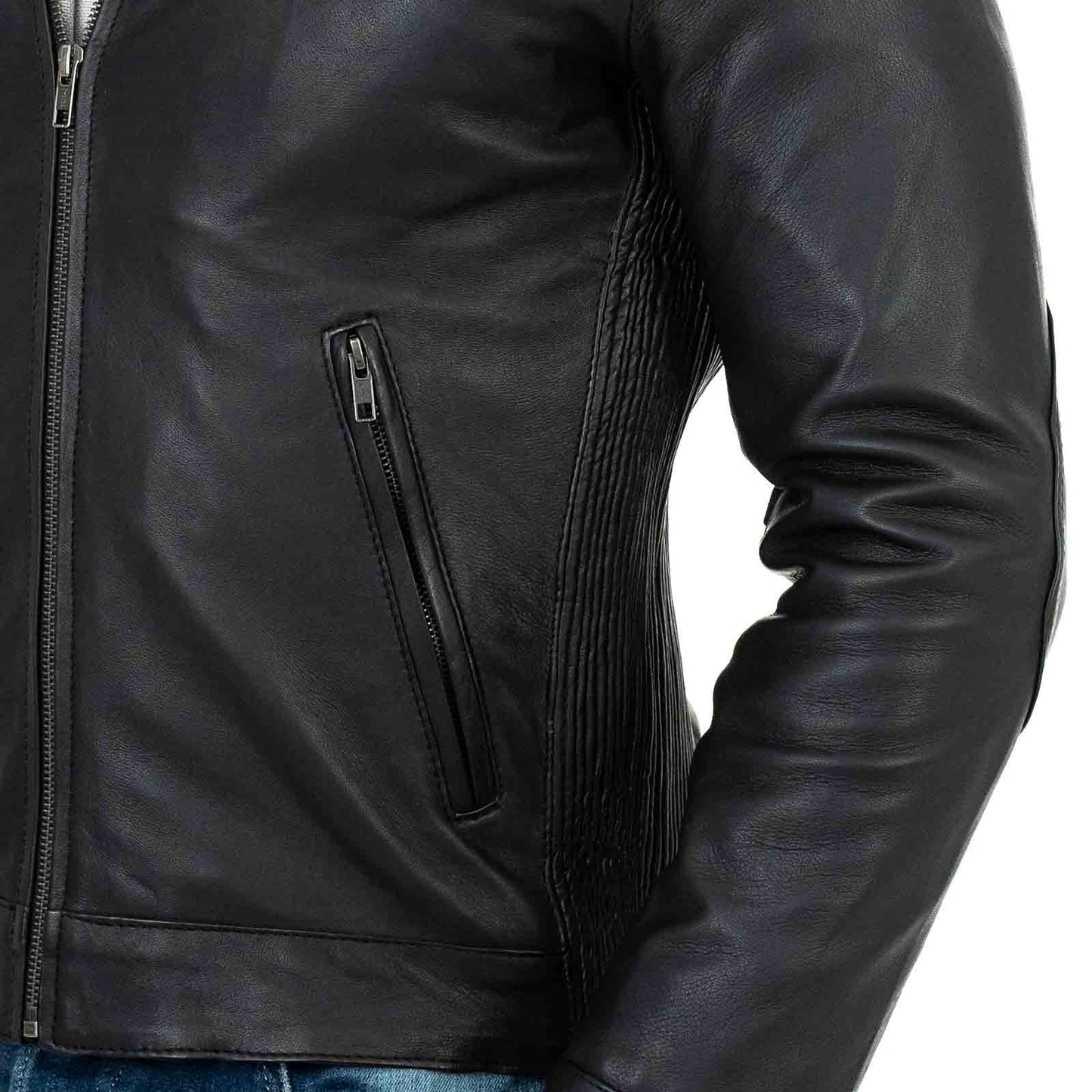 Biker Giacca In Vera Pelle Nera Uomo Slim Particolari Spalle Rindway