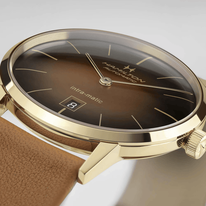 Hamilton American Classic H3873 – automatico intra-matic con quadrante marrone e rivestimento PVD giallo