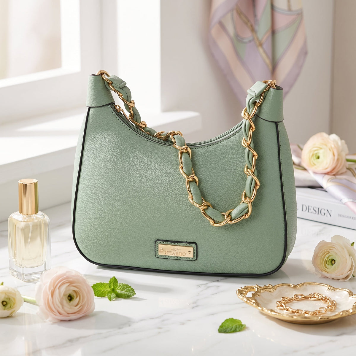Charro Green Hobo Bag with Gold Chain and Removable Shoulder Strap
