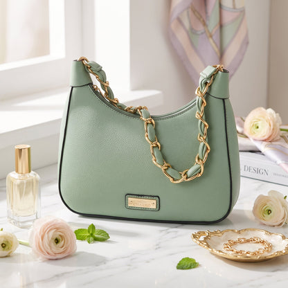 Charro Green Hobo Bag with Gold Chain and Removable Shoulder Strap