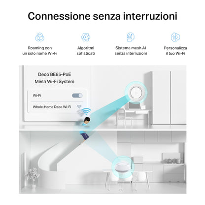 Deco BE65-PoE Sistema Mesh Wi-Fi 7 Tri-Band BE9300Mbps, 2 Porte 5Gbps, Supporto PoE, 3pz