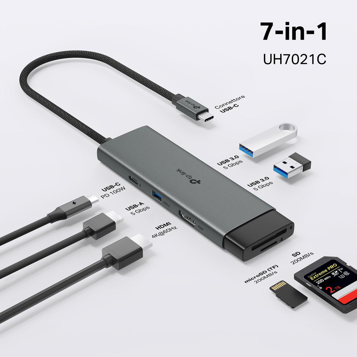 UH7021C Hub USB C 7 in 1, HDMI 4K@60Hz, SD & MicroSD UHS-I
