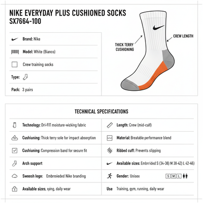 Nike Calze Everyday Cushioned SX7664-100 Bianco 3 Paia Unisex