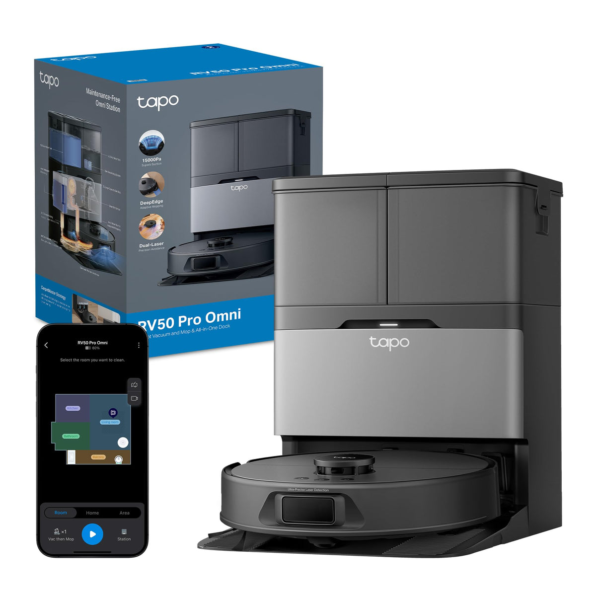 Tapo RV50 Pro Omni Robot Aspirapolvere Lavapavimenti 15000Pa con Base All-in-One