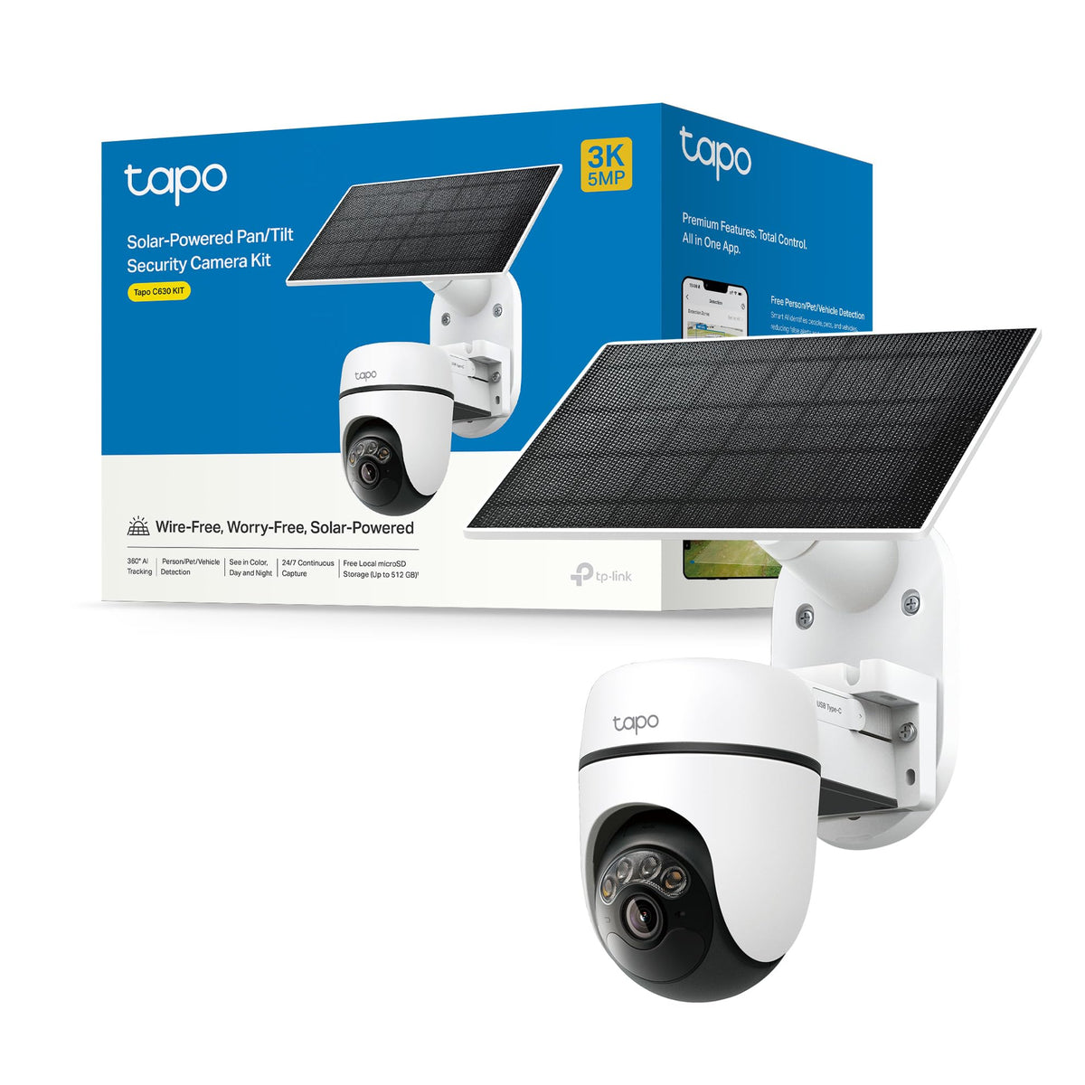 Tapo C630 KIT Telecamera WiFi Esterno 3K 5MP Senza Fili con Pannello Solare, 360° PTZ