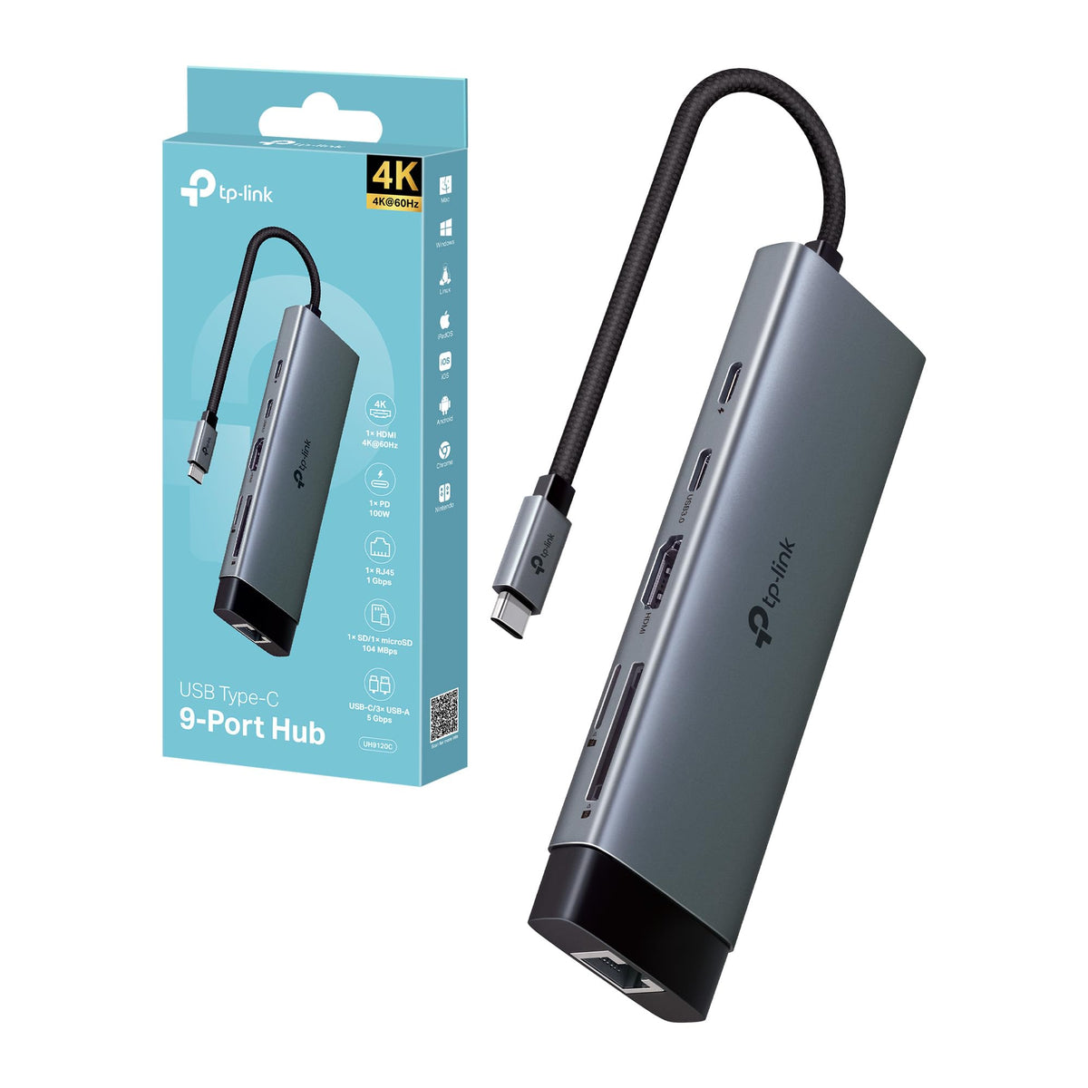UH9120C Hub USB C 9 in 1, HDMI 4K@60Hz, Gigabit Ethernet, SD & microSD UHS-I
