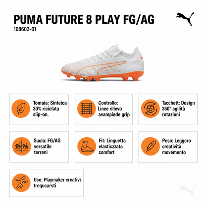 Puma FUTURE 8 PLAY FG/AG 108602-01 Bianco Arancio Scarpe Calcio Unisex