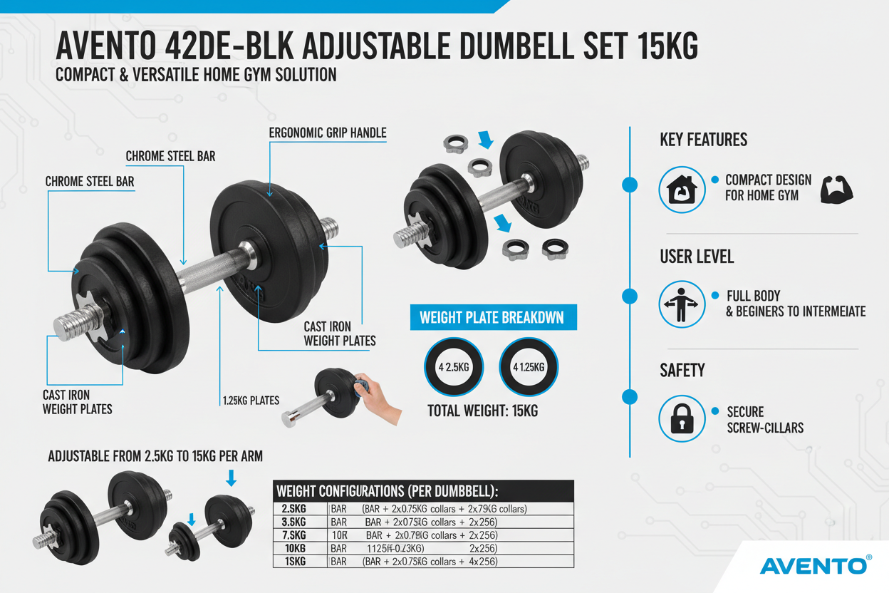 Avento Set Manubrio Regolabile Nero 15Kg Ghisa Acciaio 42DE-BLK