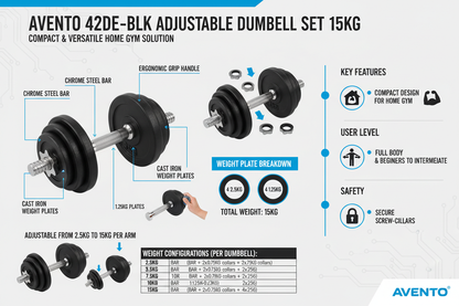 Avento Set Manubrio Regolabile Nero 15Kg Ghisa Acciaio 42DE-BLK