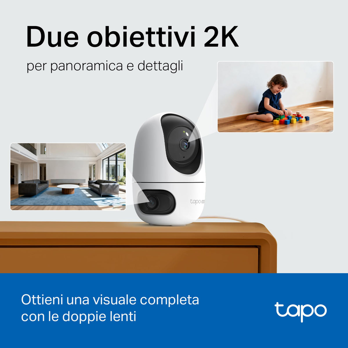 Tapo C245D Telecamera WiFi Interno Doppio Obiettivo 2K+2K, 360° PTZ