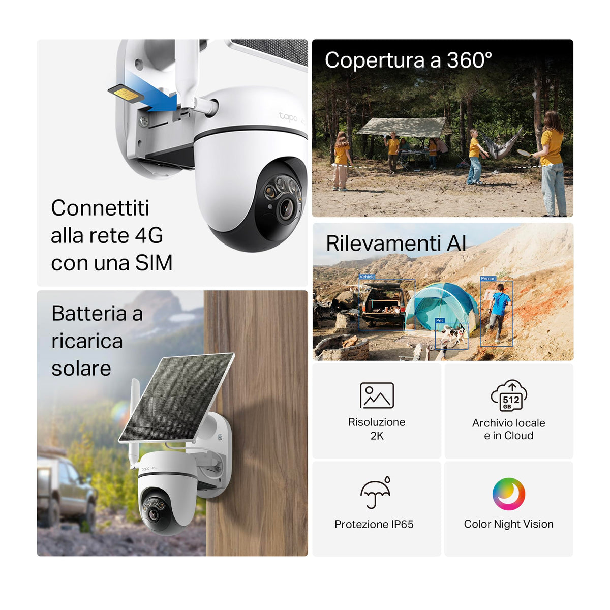 Tapo C615G KIT Telecamera 4G LTE Esterno 2K 3MP con Pannello Solare, 360° PTZ