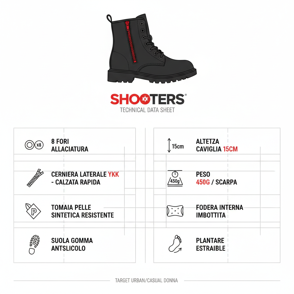 Shooters Stivaletto S14108-01 Anfibio 8 Fori Donna Nero