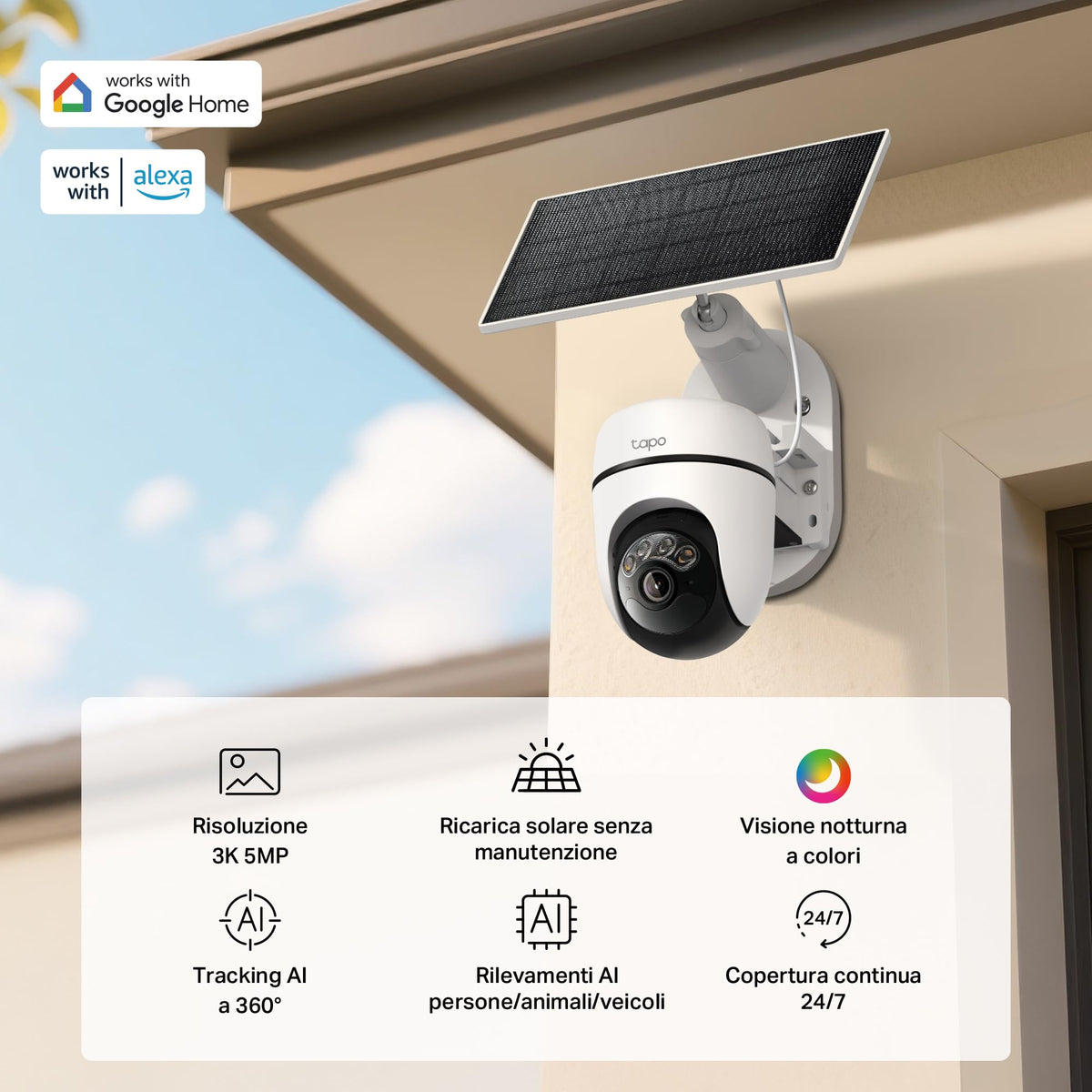 Tapo C630 KIT Telecamera WiFi Esterno 3K 5MP Senza Fili con Pannello Solare, 360° PTZ