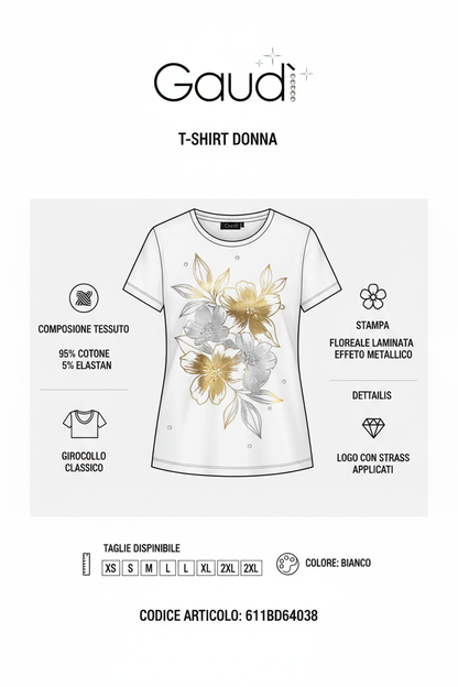 Gaudì T-shirt Donna Stampa Floreale Laminata Strass 611BD64038 Bianco