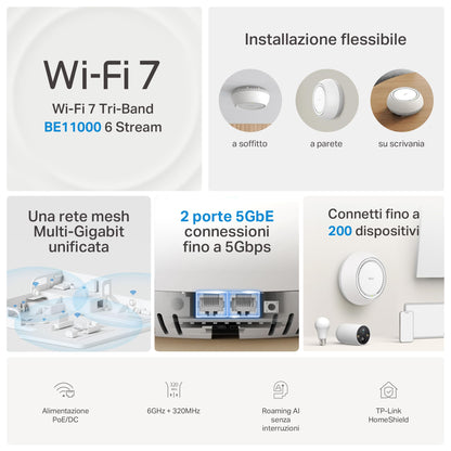 Deco BE65-PoE Sistema Mesh Wi-Fi 7 Tri-Band BE9300Mbps, 2 Porte 5Gbps, Supporto PoE, 3pz