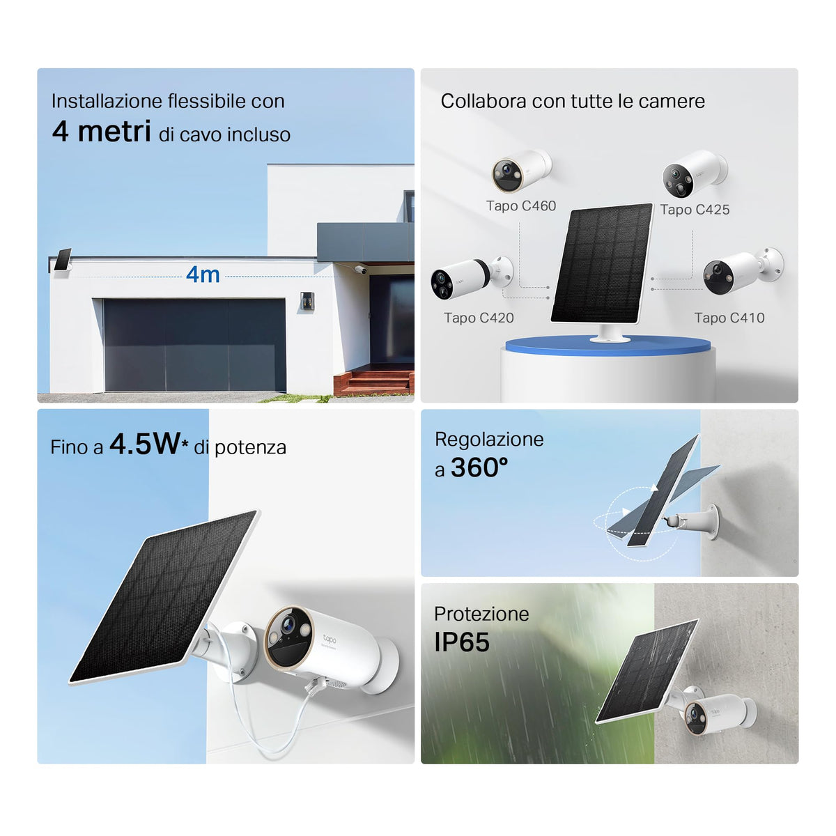 Tapo A202 Pannello Solare 4.5W per Telecamere a Batteria, IP65, Cavo 4m, Regolabile 360°