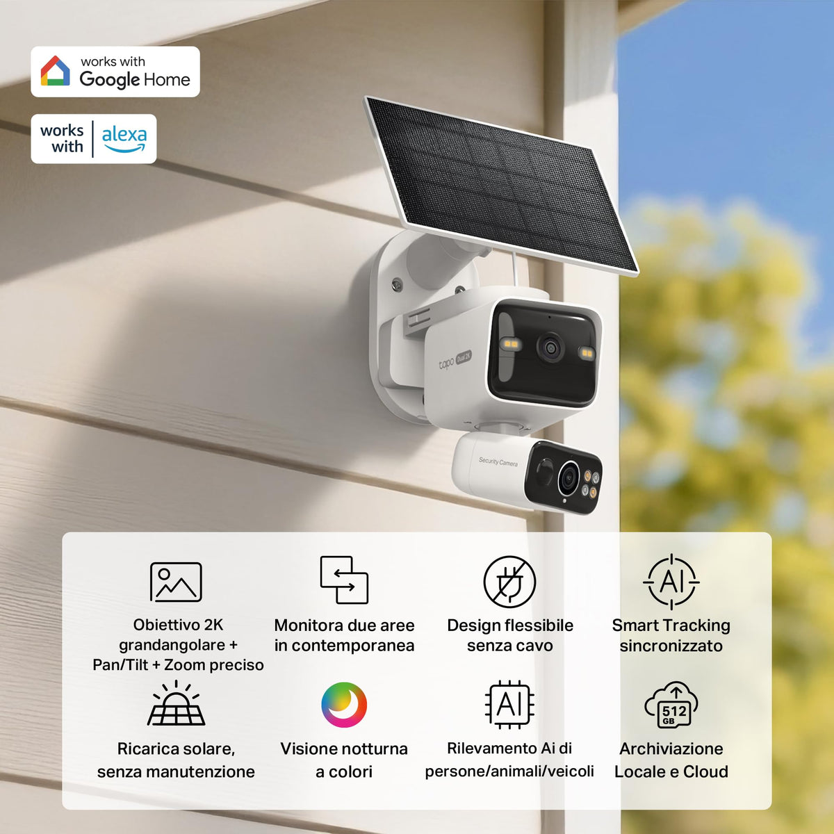 Tapo C645D KIT Telecamera WiFi Esterno 2K Doppio Obiettivo Solare, 360° PTZ