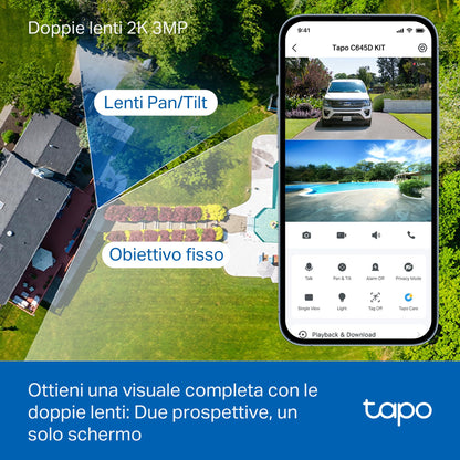 Tapo C645D KIT Telecamera WiFi Esterno 2K Doppio Obiettivo Solare, 360° PTZ