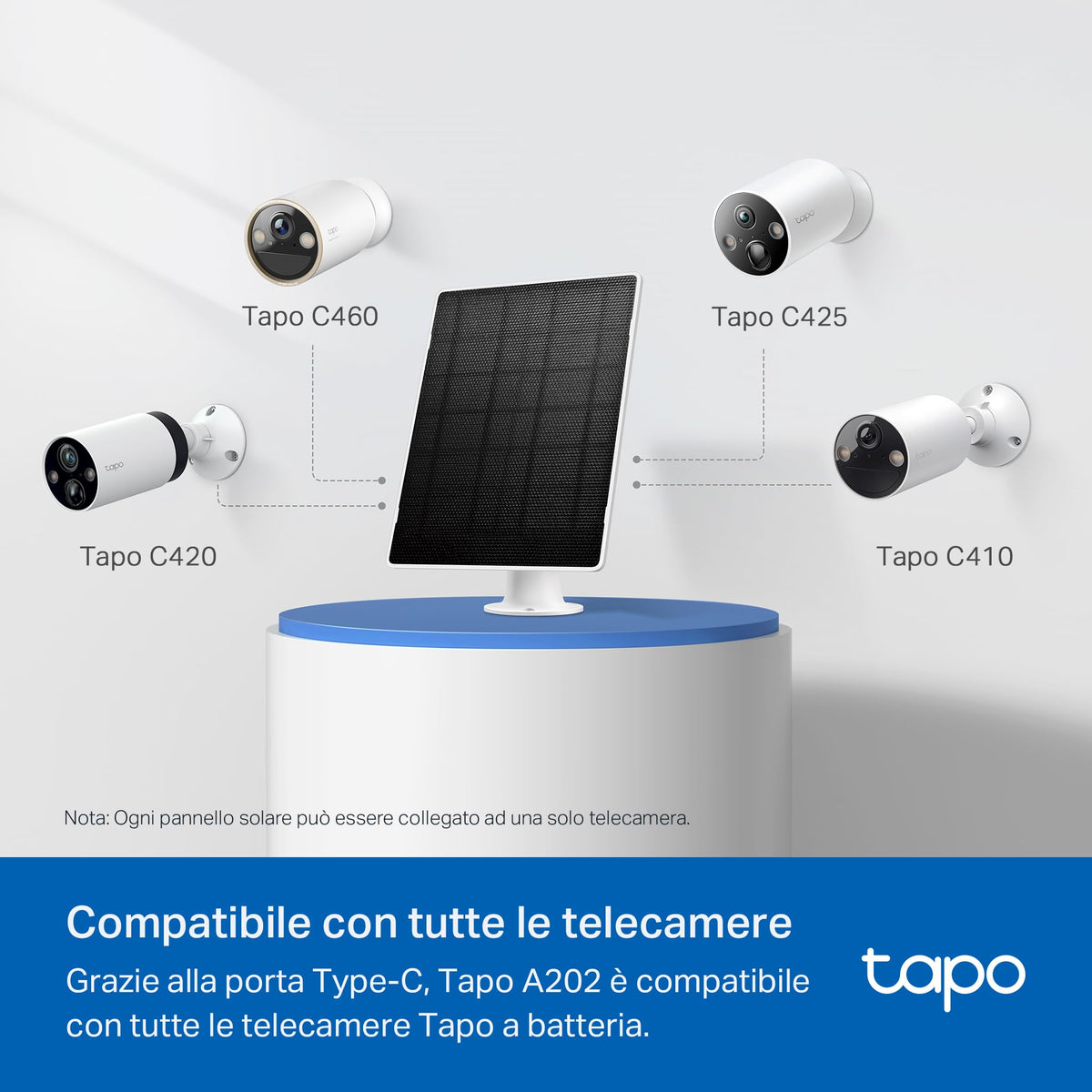 Tapo A202 Pannello Solare 4.5W per Telecamere a Batteria, IP65, Cavo 4m, Regolabile 360°