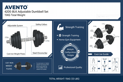 Avento Set Manubrio Regolabile Nero 15Kg Ghisa Acciaio 42DE-BLK