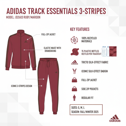 Adidas Tuta Donna Track Essentials 3-Stripes JD2683 Rubino
