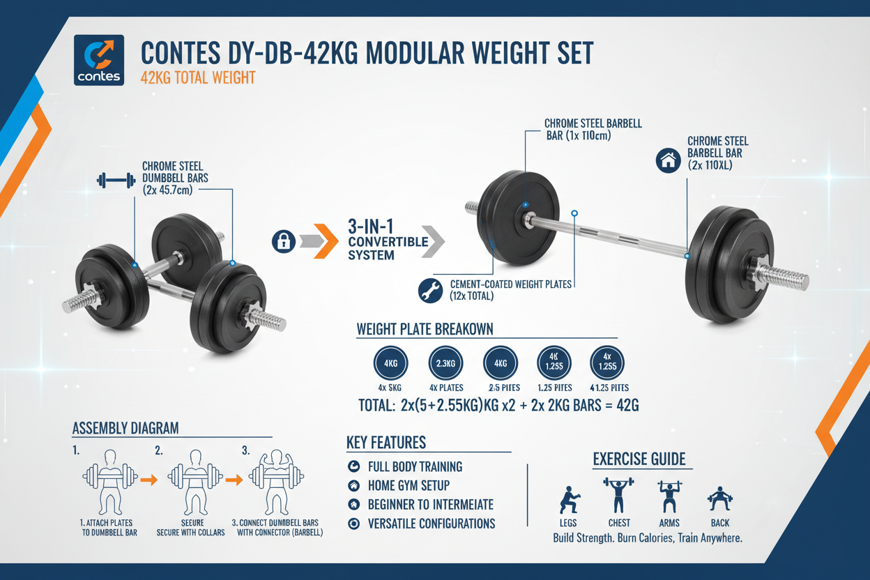 Contes Set Manubri e Bilanciere 42Kg DY-DB-42KG Cemento Rivestito