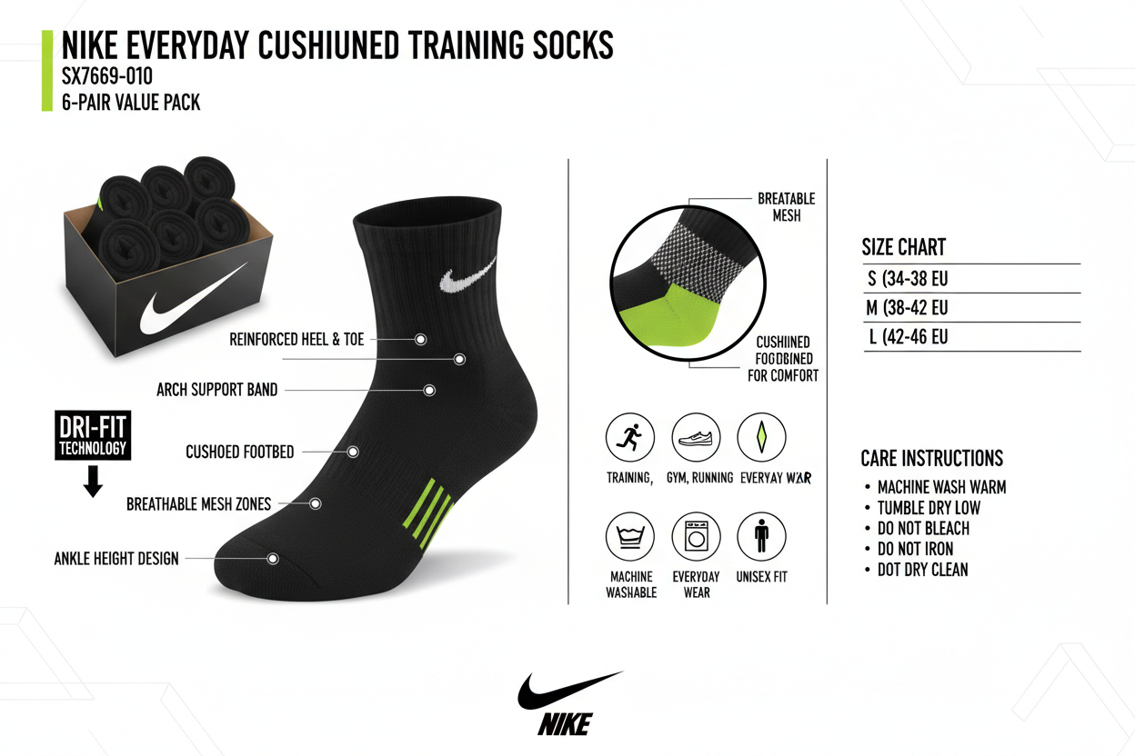 Nike Calze Everyday Cushioned SX7669-010 Training Unisex Nero 6 Paia