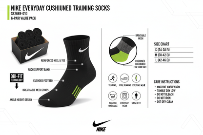 Nike Calze Everyday Cushioned SX7669-010 Training Unisex Nero 6 Paia