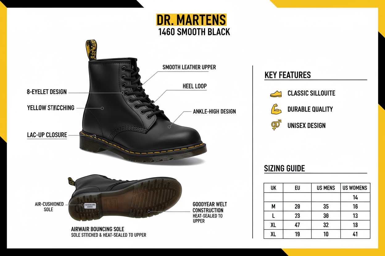 Dr. Martens 1460 Smooth Anfibio Nero Unisex - Stivale Iconico 8 Fori
