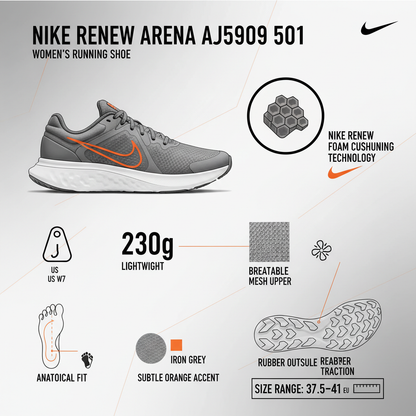 Nike Renew Arena AJ5909 501 Scarpe Running Donna Grigio - Tecnologia Renew Foam