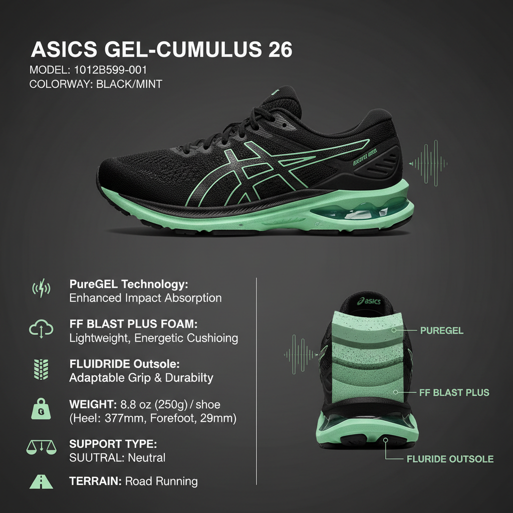 Asics GEL-CUMULUS 26 1012B599-001 Nero Menta Scarpe Running Donna