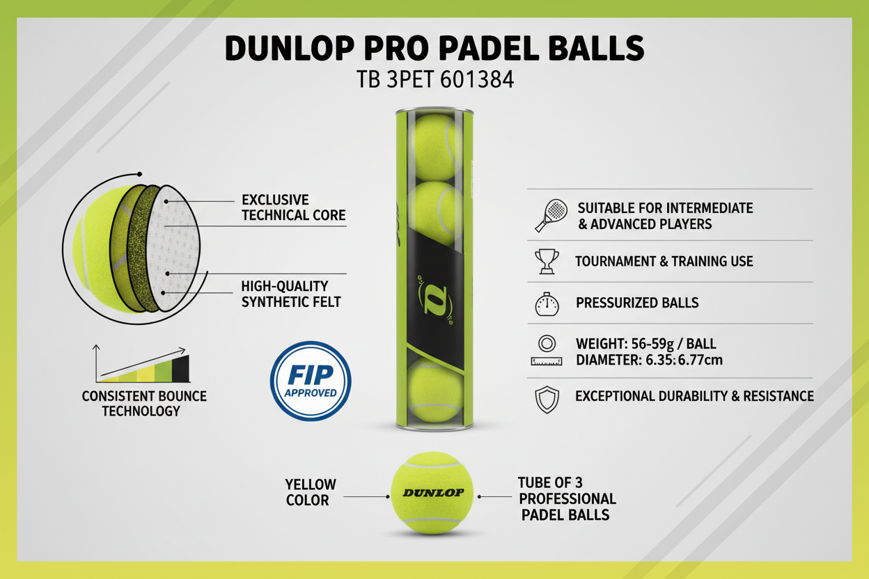 Dunlop Pro TB 3PET 601384 | Palline Padel Tubo 3 Omologate FIP