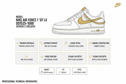 Nike Air Force 1 LX DD1525-100 Bianco Oro Donna Sneakers Catena Pelle Premium
